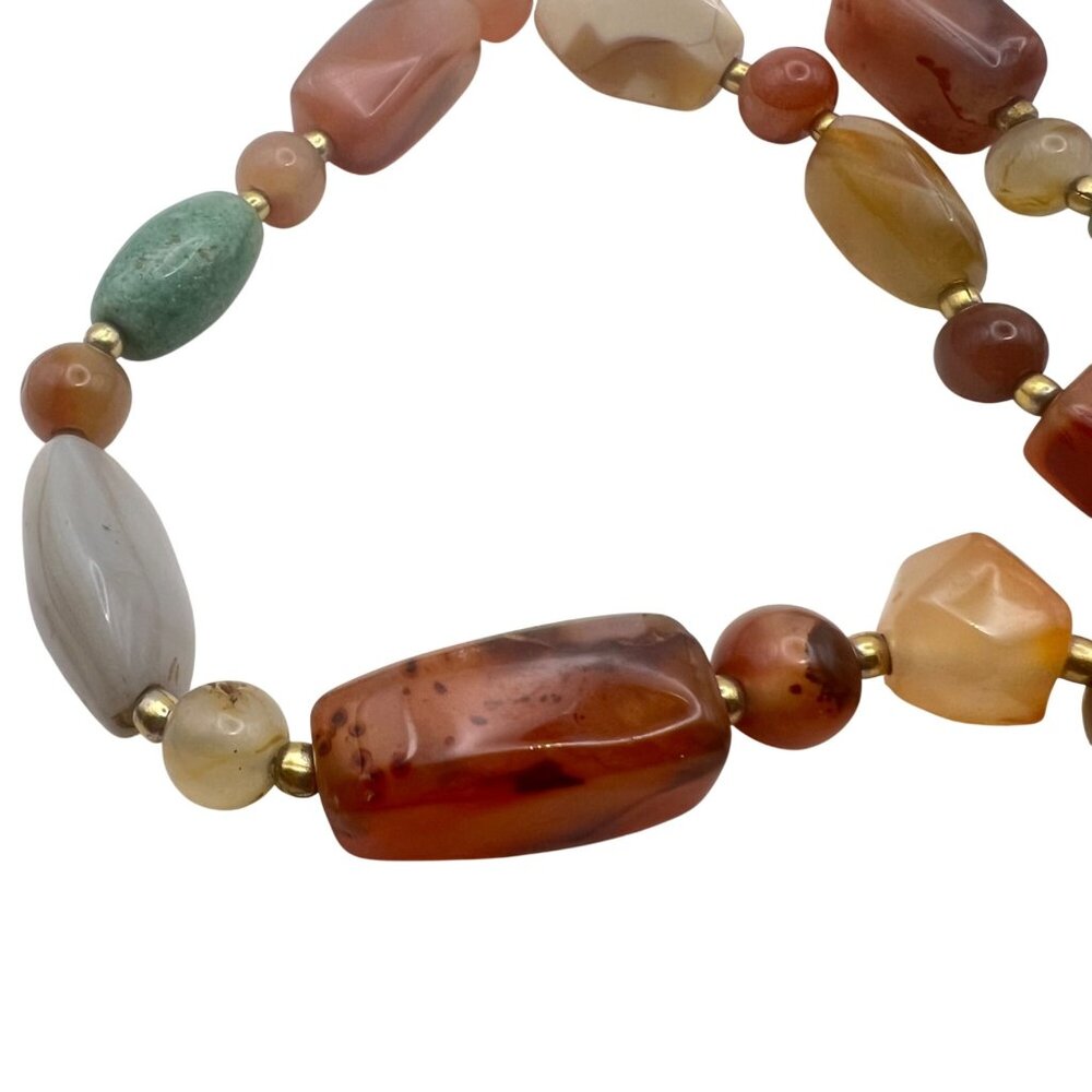 Multicolor Carnelian Agate Beaded Necklace 33" Gold-Tone Barrel Earthy Boho - Picture 12 of 14